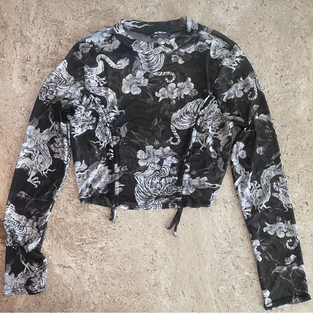 Tiger Dragon Sheer Long Sleeve Pull String Top